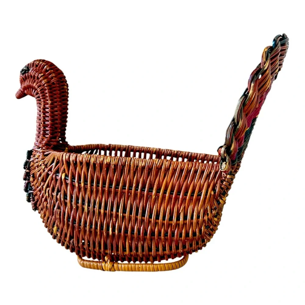 Vintage Turkey Wicker Basket Bread Bun Holder Holiday Thanksgiving Decor